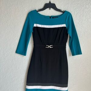 White House Black Market Teal and Black 3/4 sleeve Dress size 0